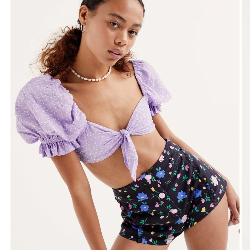 Lavender Puff Sleeve Crop Top For Love & Lemons NWT Smocked Embossed Revolve $98